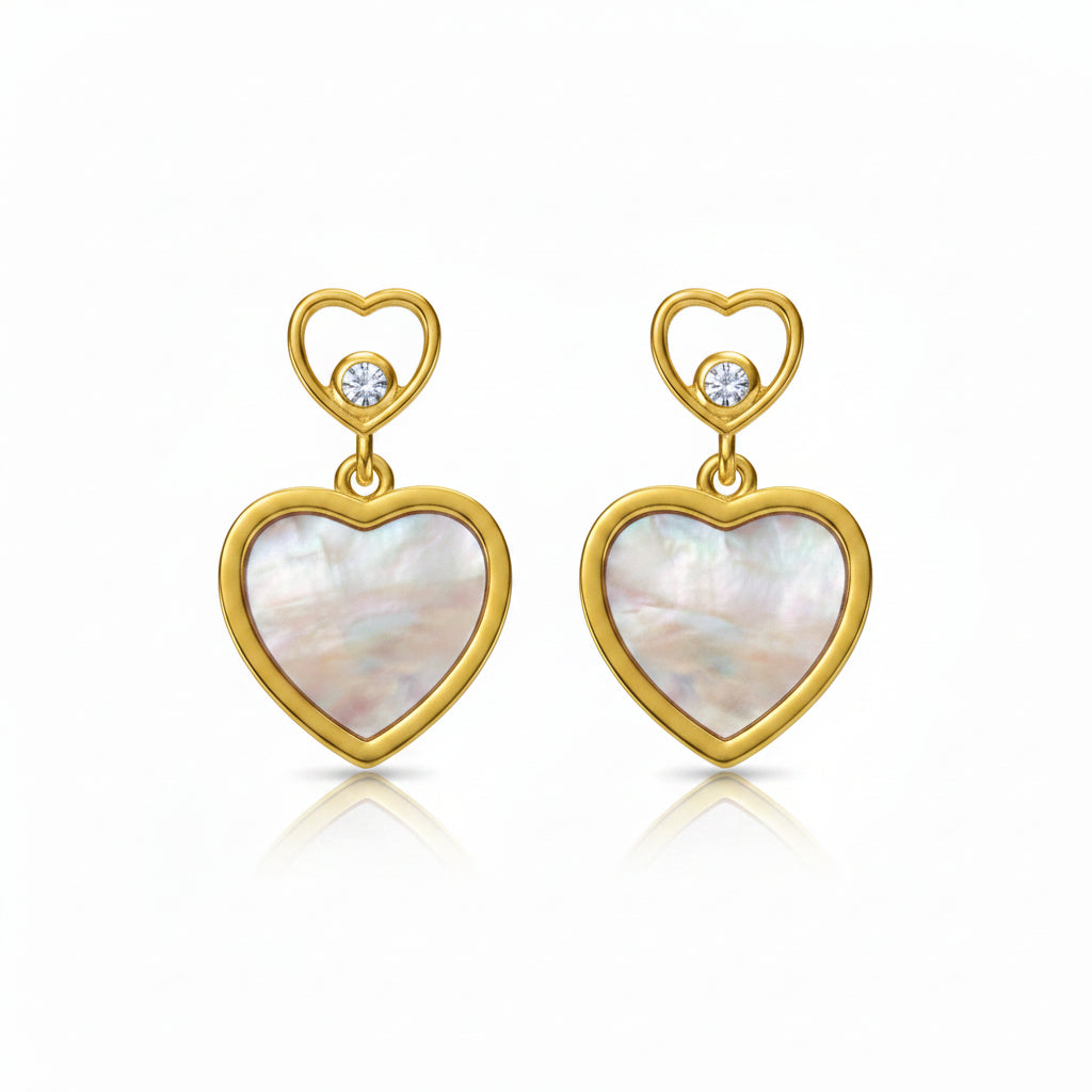 Surgical Steel Gold Plated Double Heart With Mother Of Pearl Earring