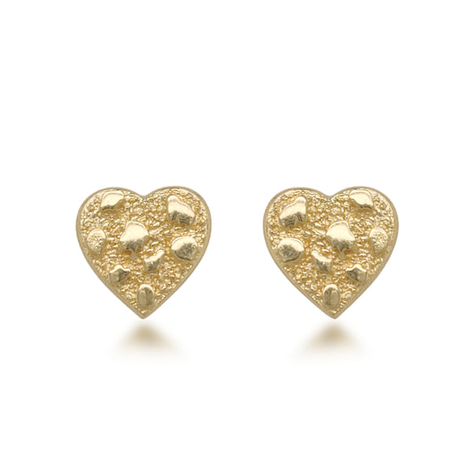 14k Gold Pebbled Heart Stud Earrings