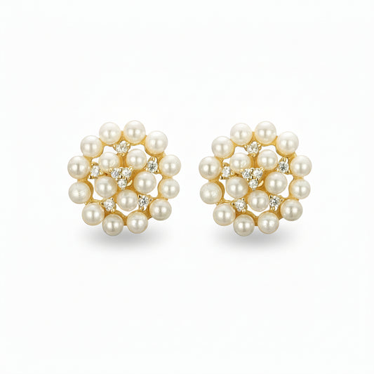 Surgical Steel Gold Plated Pearl With CZ Cluster Stud Earrings