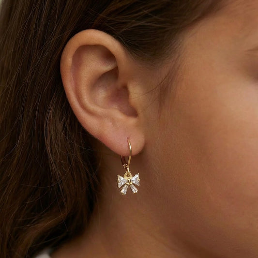 Bowknot Earrings with Triangle and Baguette CZ - Kids & Teens Surgical Steel