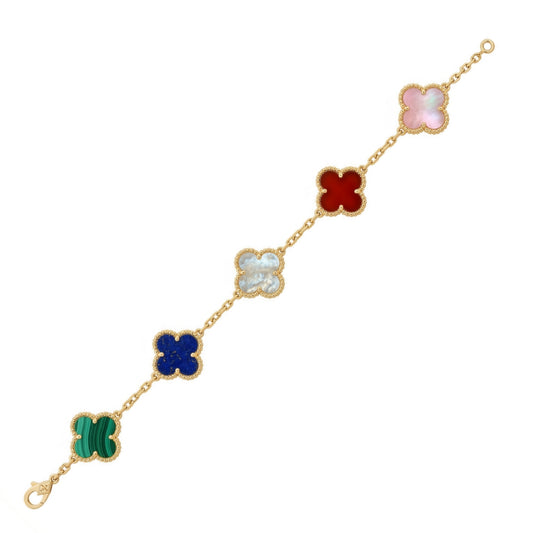 14k Gold Colored With Beaded Border Clover Bracelet