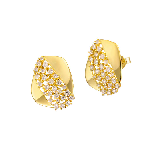 Sterling Silver Gold Plated Rectangular Shaped With CZ Stud Earrings