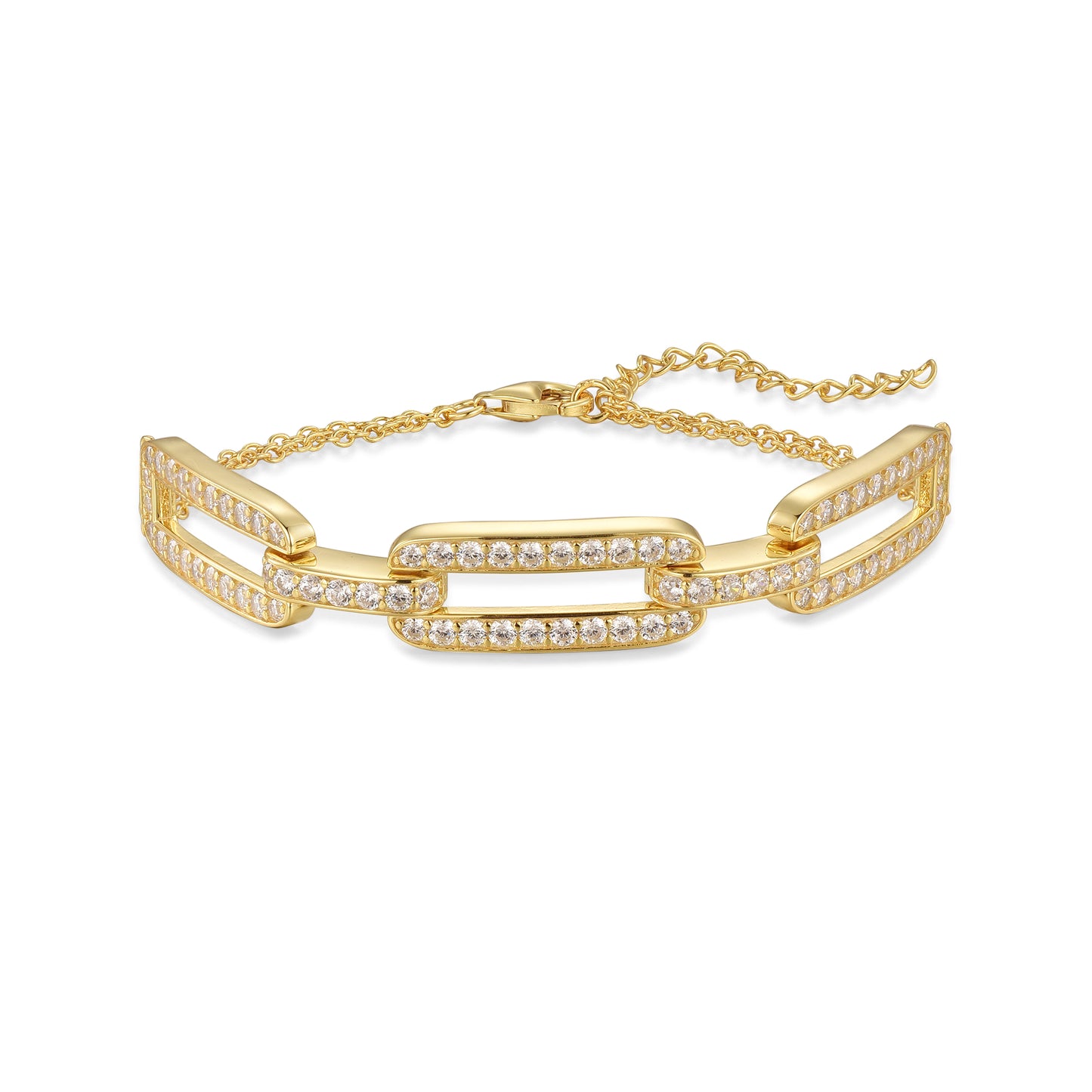 Sterling Silver Gold Plated CZ Paperclip on Double Chain Bracelet