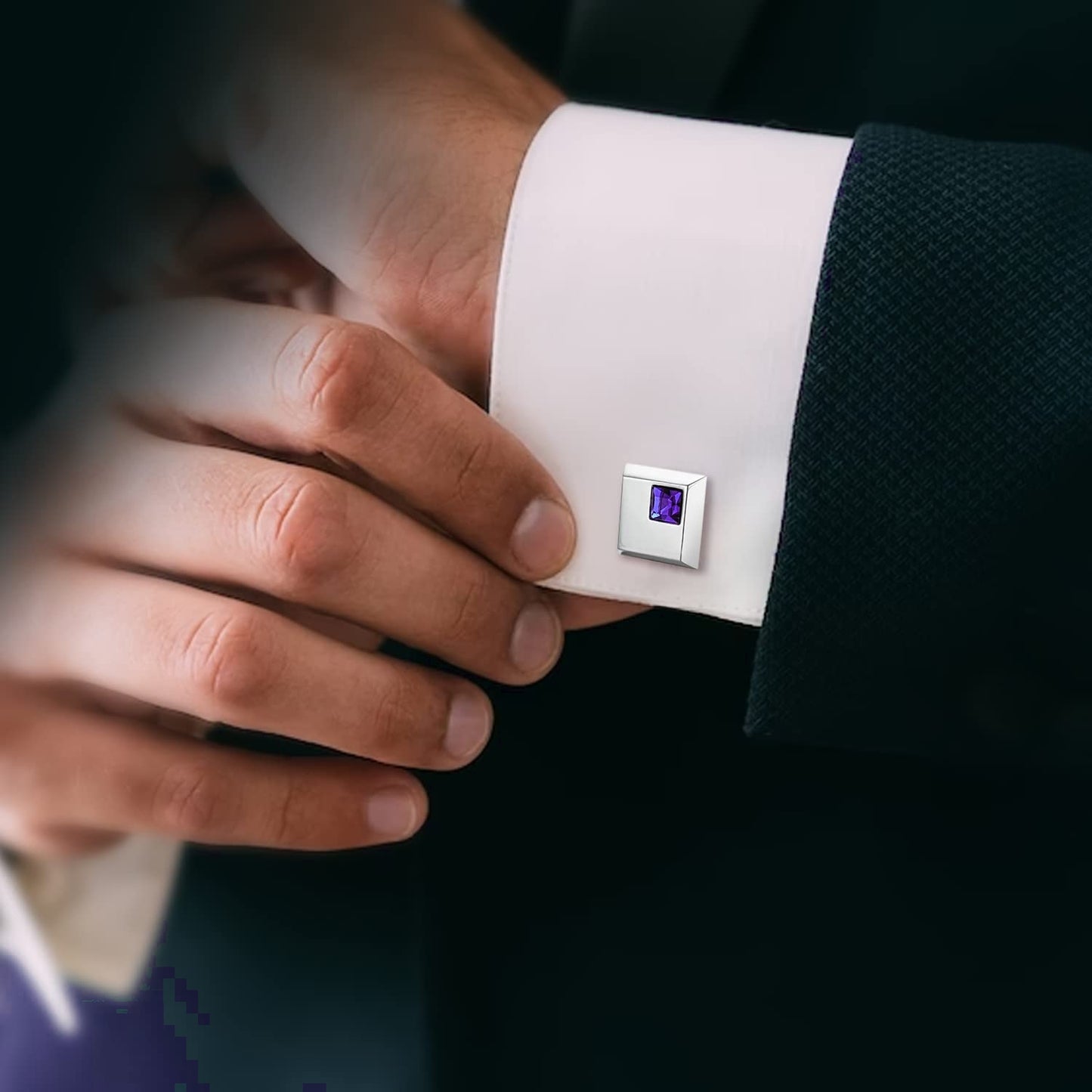 Silver Color Square Cufflinks with Purple Stone