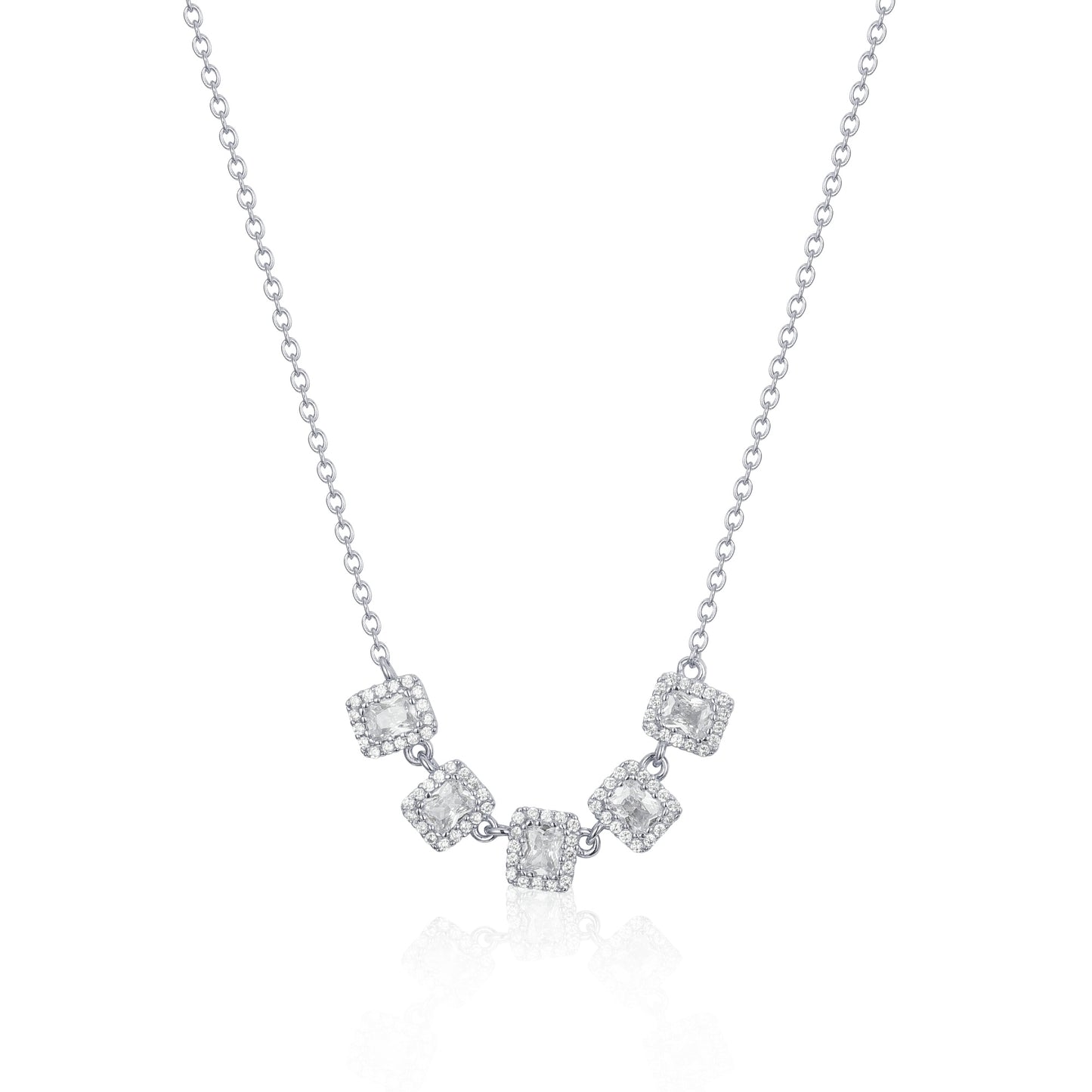 Sterling Silver 5 Halo Emerald Cut Stone Bar Necklace