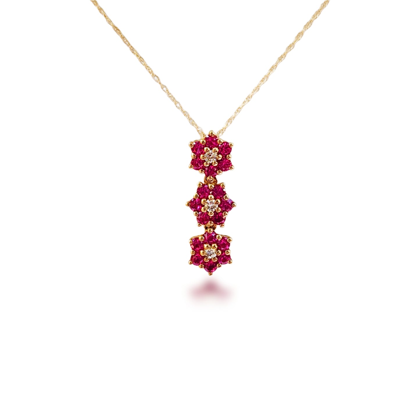 10k Gold Three Diamond and Created Ruby Flower Pendant Necklace