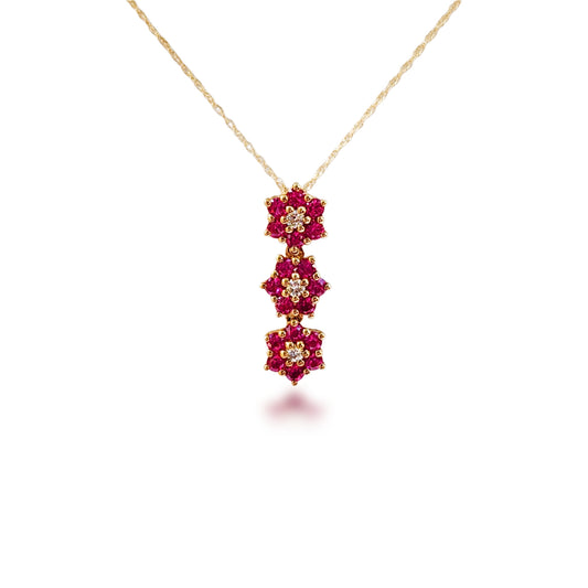 10k Gold Three Diamond and Created Ruby Flower Pendant Necklace