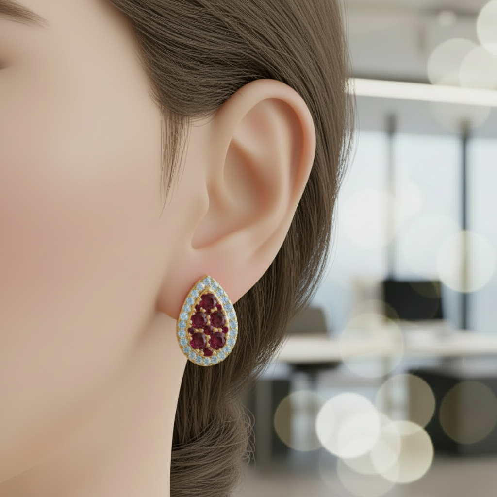 Sterling Silver Pear-Shaped Stud Earrings with Nano Ruby and CZ Border