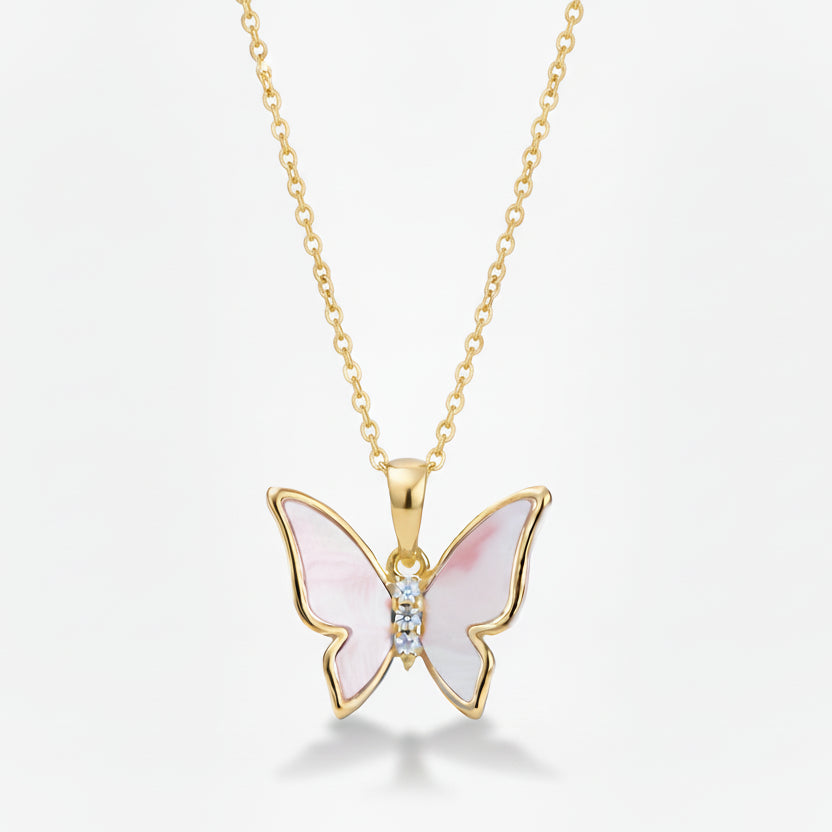 Gold Plated Shell Pearl Butterfly Pendant Necklace