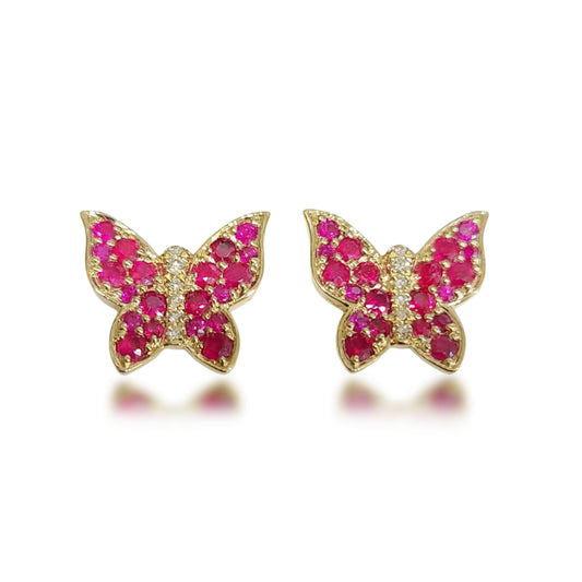 14k Gold Ruby and Diamond Butterfly Stud Earrings