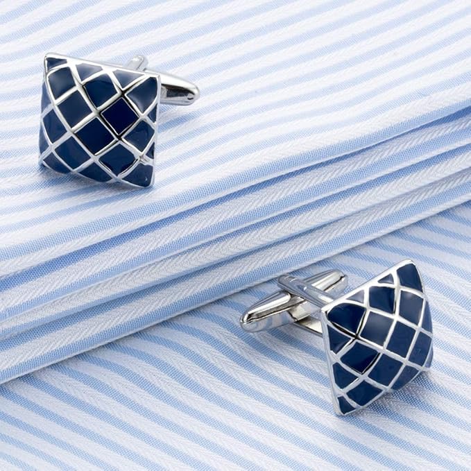 Silver Color Square Cufflinks with Blue Enamel Checkered Design