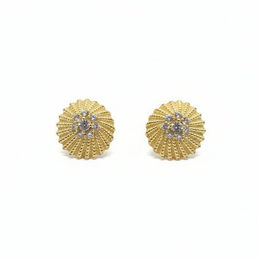 Sterling Silver Gold Plated Ribbed With Center CZs Stud Earrings