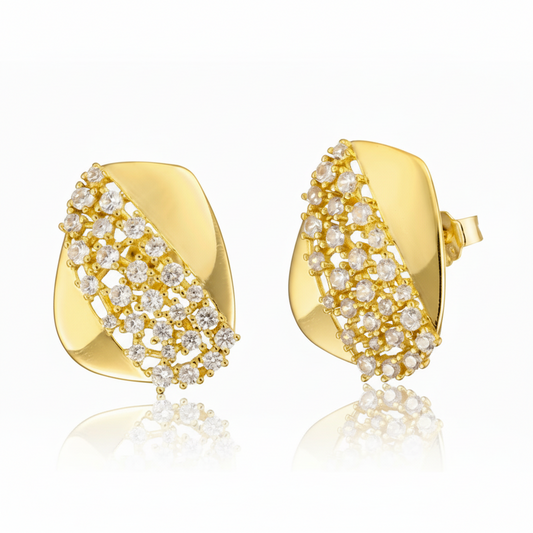 Sterling Silver Gold Plated Rectangular Shaped With CZ Stud Earrings