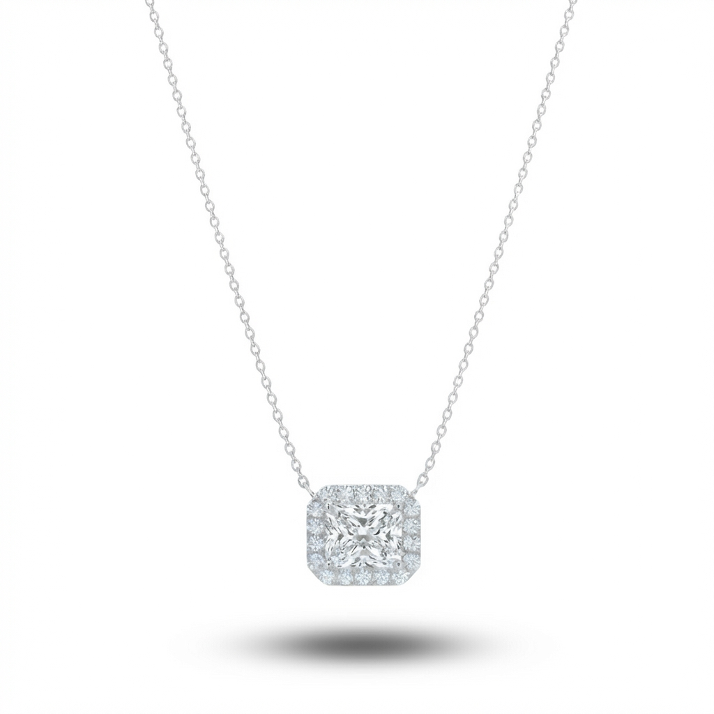 14K Radiant or Emerald Cut Halo CVD Lab Grown Diamond Necklace