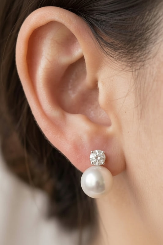 Sterling Silver 14mm Pearl With CZ Stud Earrings