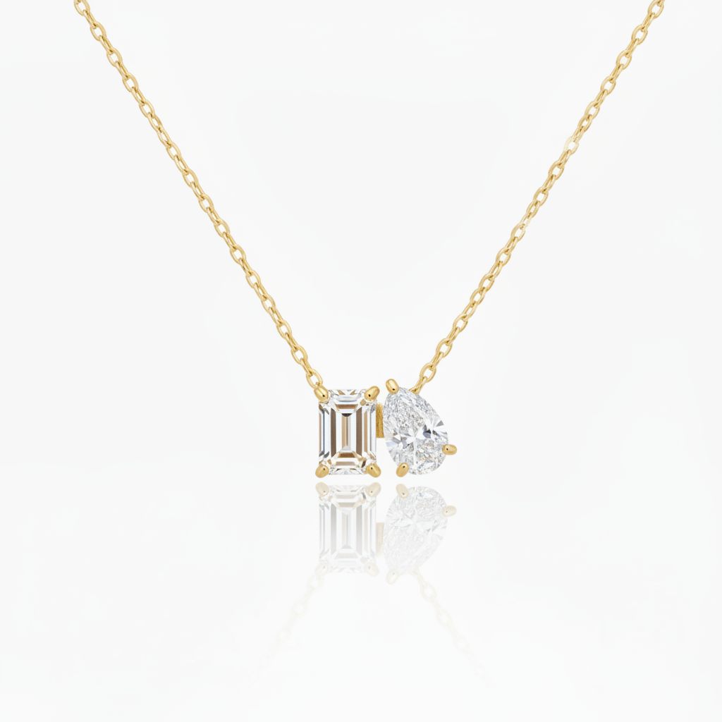 14K Emerald Cut and Pear Shaped Two Stone Lab Grown Diamond Necklace