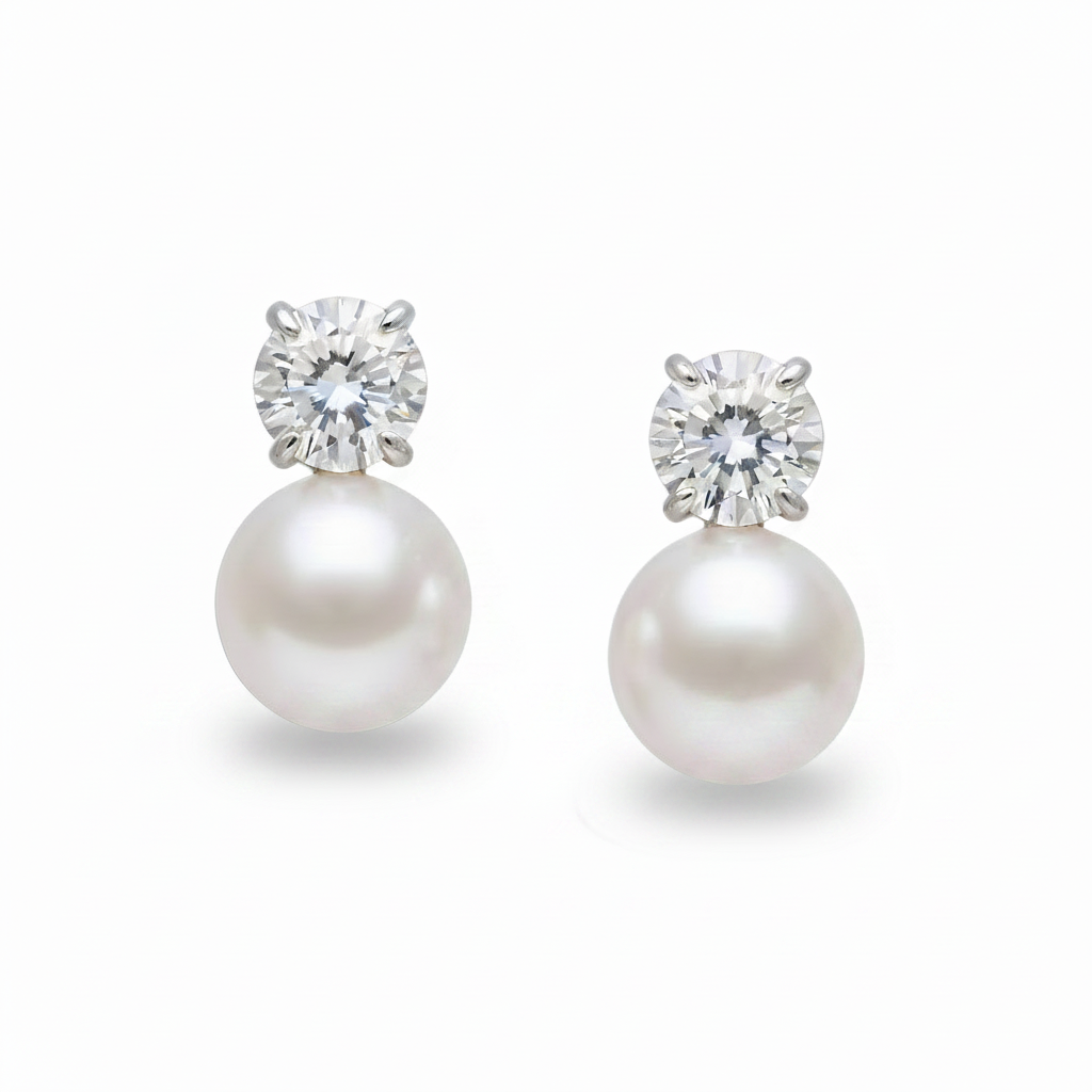 14K White Gold Lab Diamond & Freshwater Pearl Drop Earrings