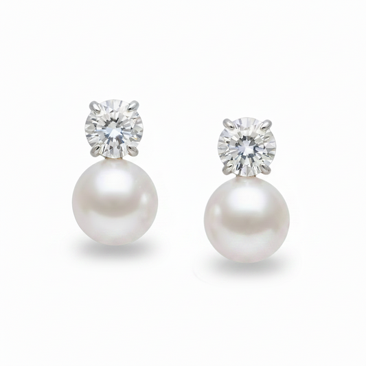 14K White Gold Lab Diamond & Freshwater Pearl Drop Earrings