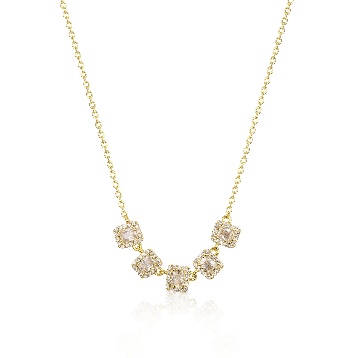 Sterling Silver 5 Halo Emerald Cut Stone Bar Necklace