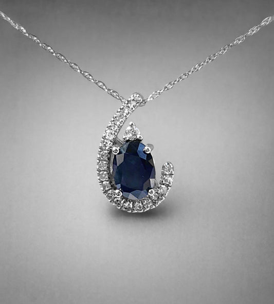 10k White Gold Diamond and Sapphire Teardrop Necklace