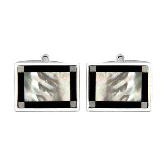 Rectangular Mother of Pearl & Onyx Rhodium Plated Cufflinks - HK Jewels