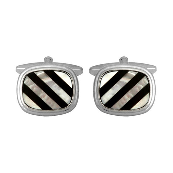 Rhodium Plated Rectangular Cushion Shaped Black Onyx and MoP Lines Cufflinks - HK Jewels