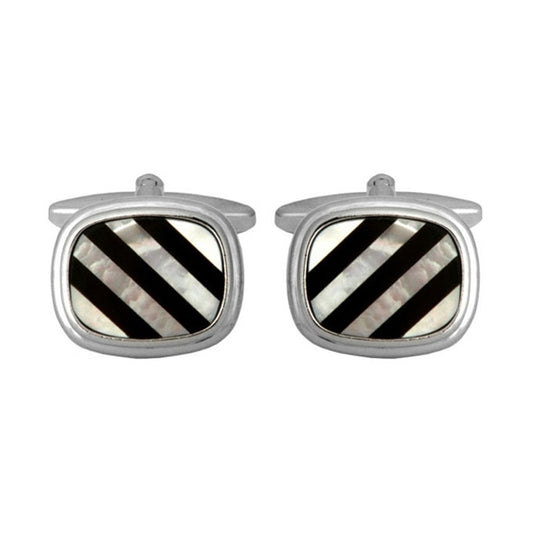 Rhodium Plated Rectangular Cushion Shaped Black Onyx and MoP Lines Cufflinks - HK Jewels