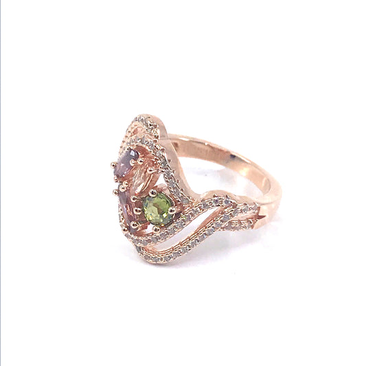 Sterling Silver Rose Plated Multicolor Ring - HK Jewels