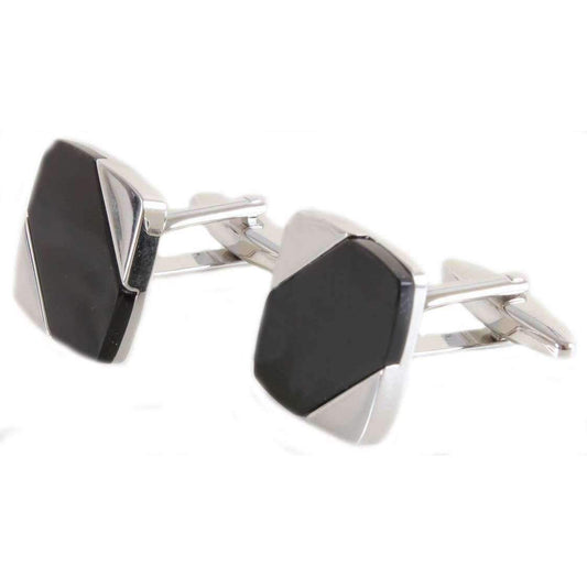 Rhodium Plated Black Onyx Diagonal Cufflinks - HK Jewels