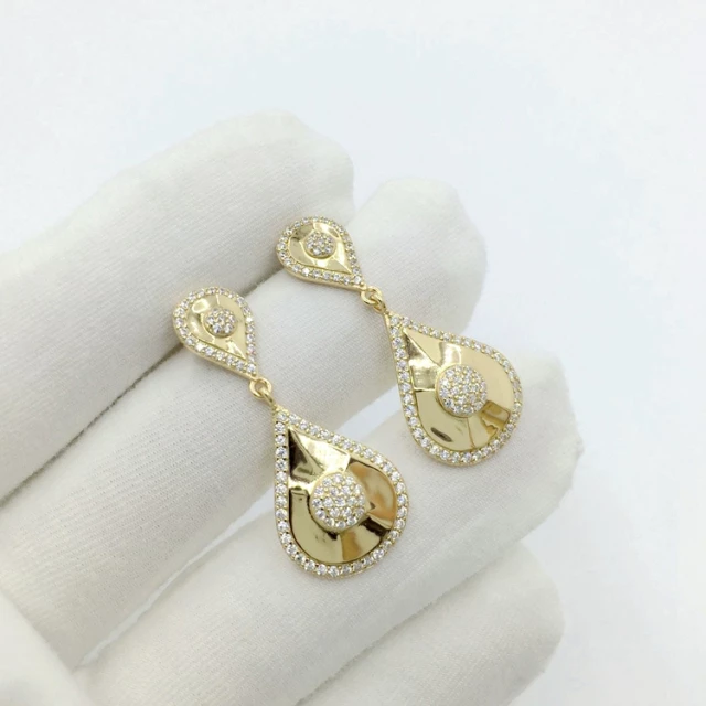 Sterling Silver Gold Plated Teardop With Center CZ's Earring - HK Jewels