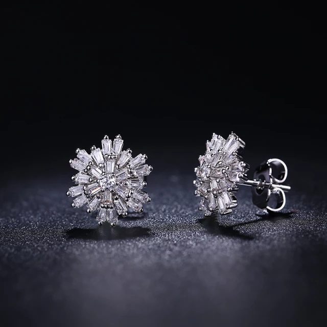Sterling Silver Baguette Flower Stud Earrings - HK Jewels
