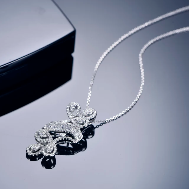 Sterling Silver Double Flower Round CZ and Baguette Pendant - HK Jewels