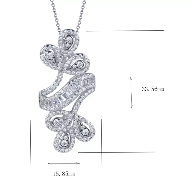 Sterling Silver Double Flower Round CZ and Baguette Pendant - HK Jewels