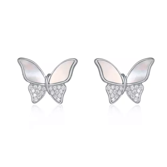Sterling Silver Butterfly Half CZ Mother of Pearl Stud Earrings - HK Jewels