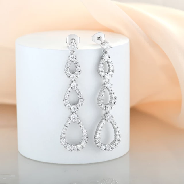 Sterling Silver Micropave Three Teardrop Earring - HK Jewels