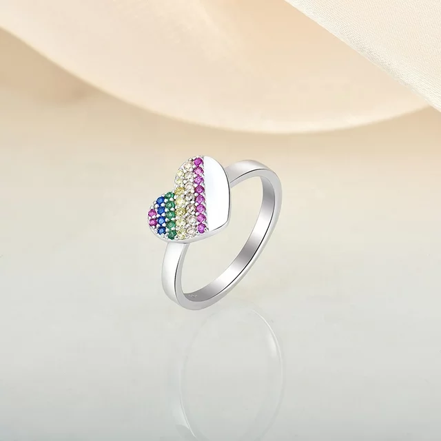 Sterling Silver Multicolor CZ Heart Ring - HK Jewels