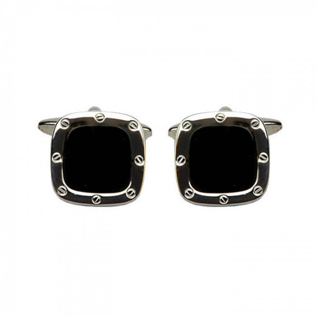 Rhodium Plated Cushion Shaped Black Onyx Cufflinks - HK Jewels
