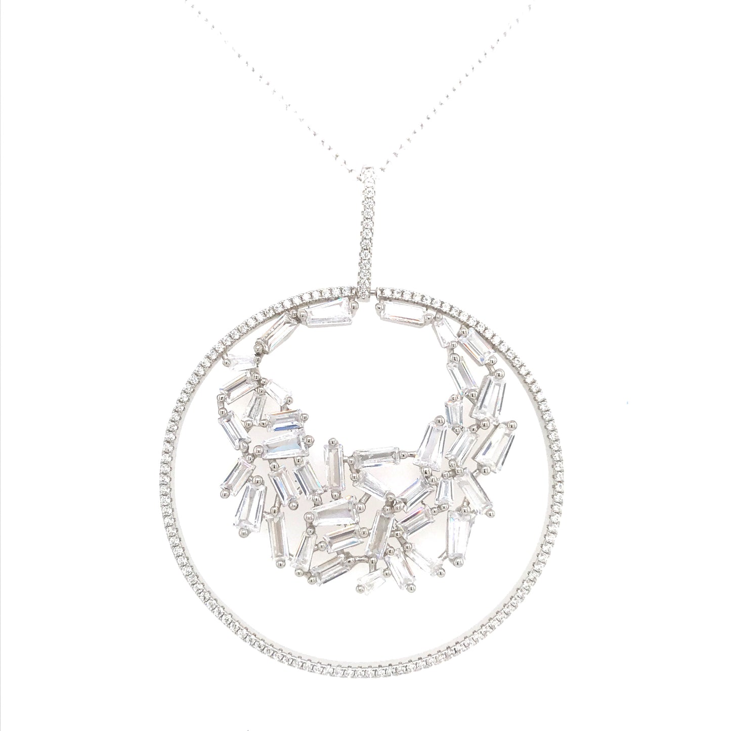 Rhodium Plated Sterling Silver Circle With Baguettes Pendant - HK Jewels