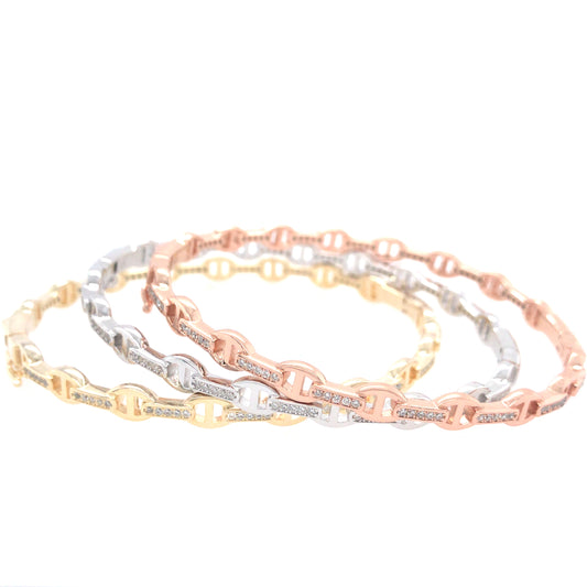 Sterling Silver Tricolor Link Bangle - HK Jewels