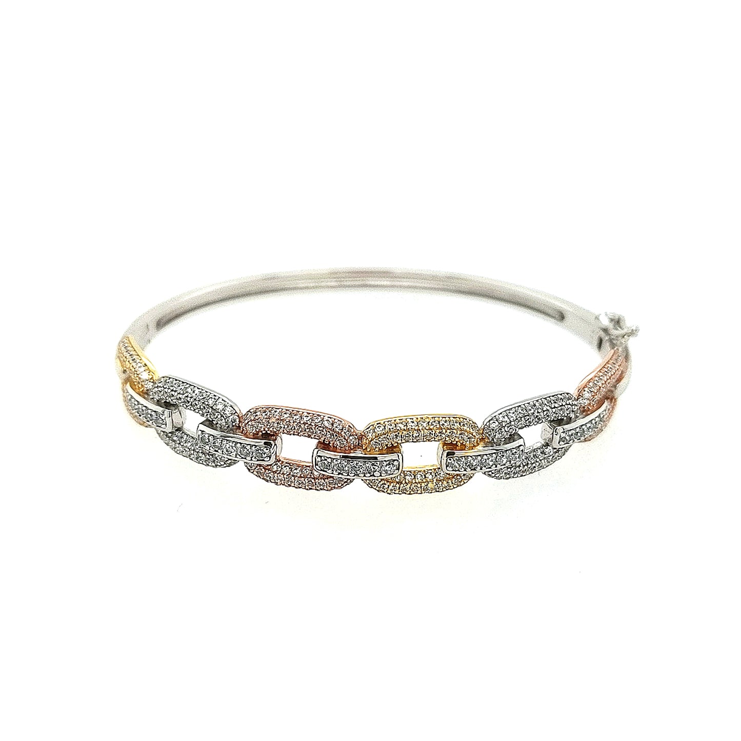 Sterling Silver Tricolor Link CZ Bangle - HK Jewels