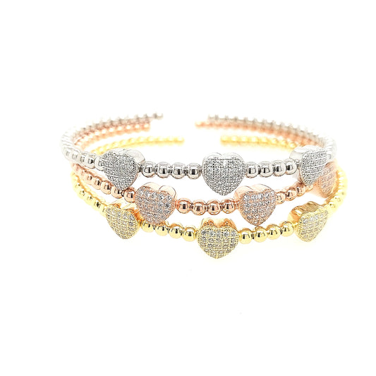 Sterling Silver Micropave CZ Hearts Bangle Cuff - HK Jewels
