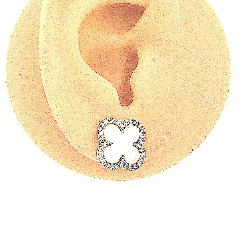 Sterling Silver CZ Border Mother Of Pearl Small Clover Stud Earrring - HK Jewels