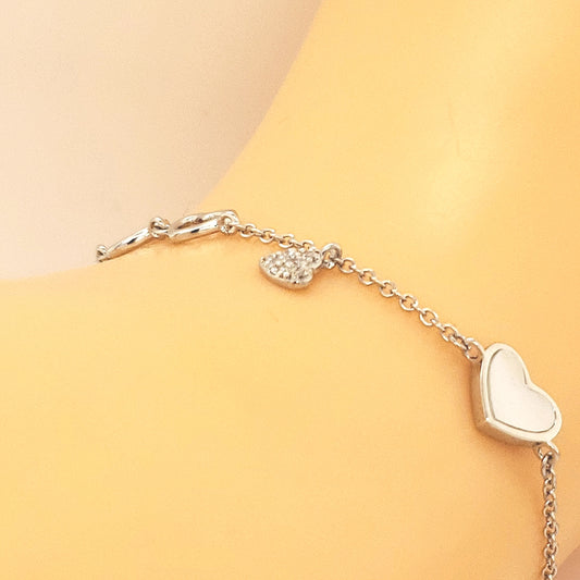 Sterling Silver Heart Mother of Pearl Girl's Charm Bracelet - HK Jewels
