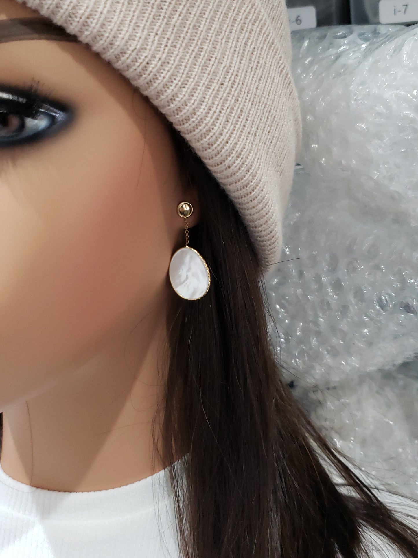 14K Gold Diamond Cut Mother Of Pearl Oval Hanging Earrings - HK Jewels