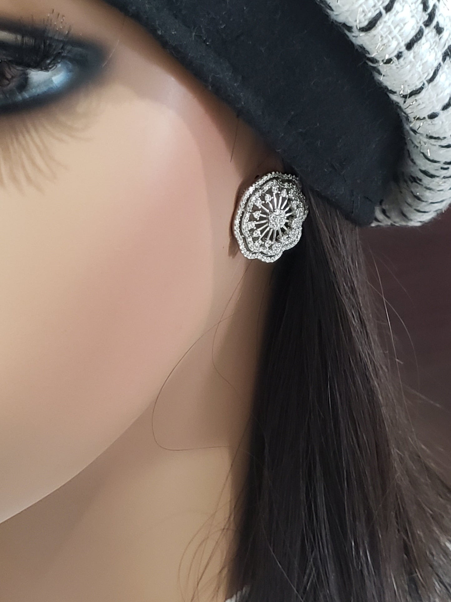 Rhodium or Rose Gold Plated Sterling Silver Micropave CZ Large Flower Stud Earring - HK Jewels