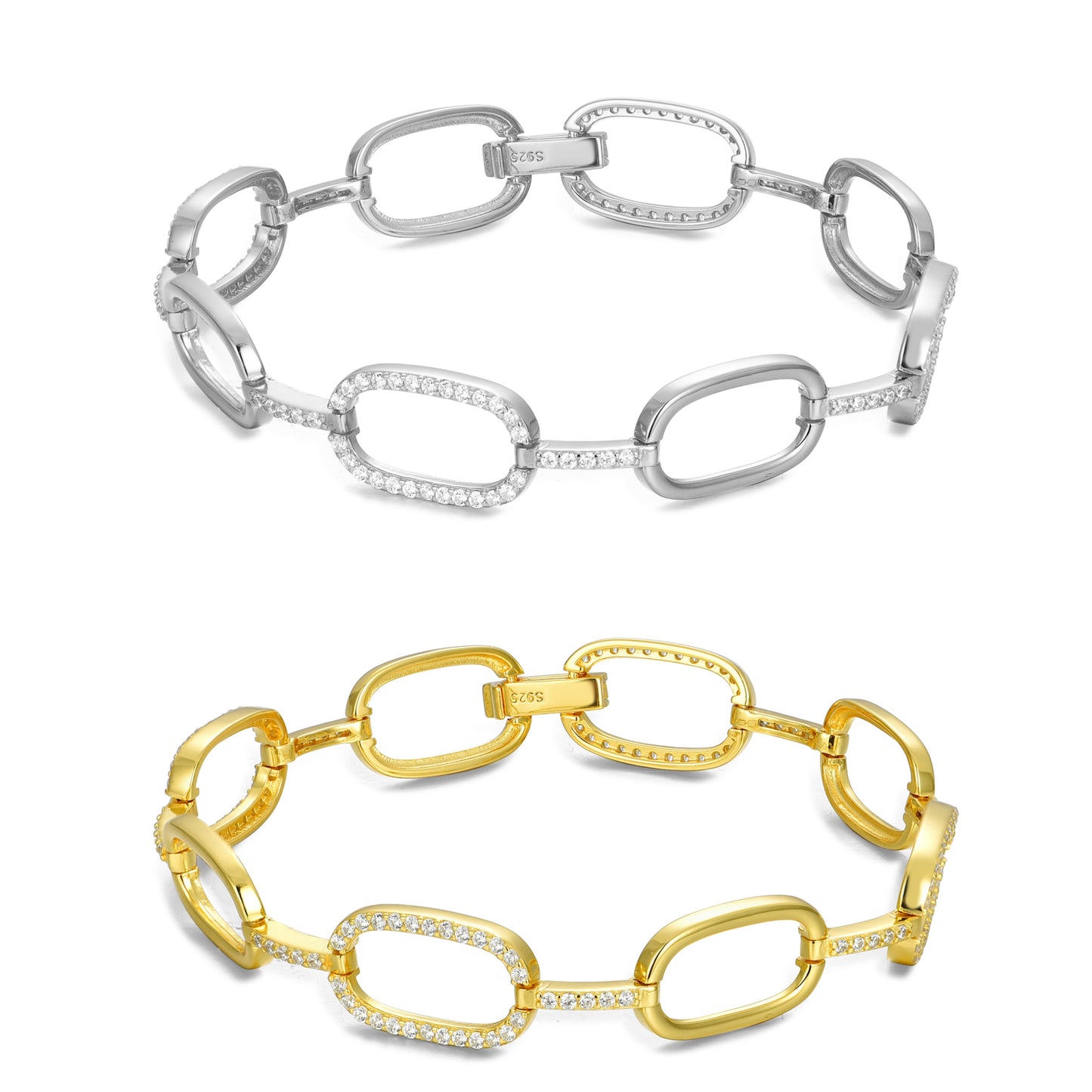 Rhodium or Gold-Plated Sterling Silver Micropave CZ Oval Link Bracelet