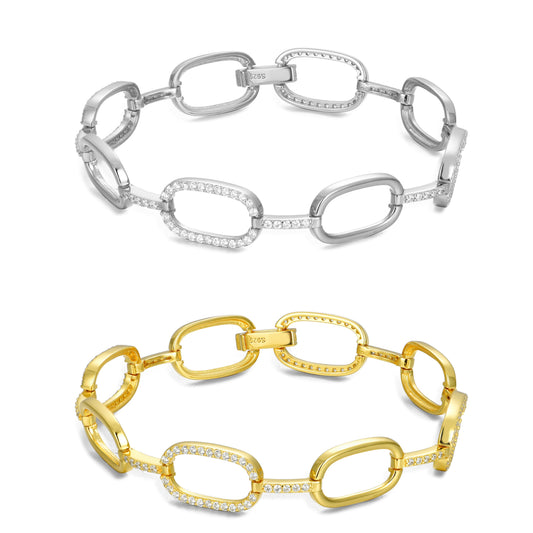 Rhodium or Gold-Plated Sterling Silver Micropave CZ Oval Link Bracelet