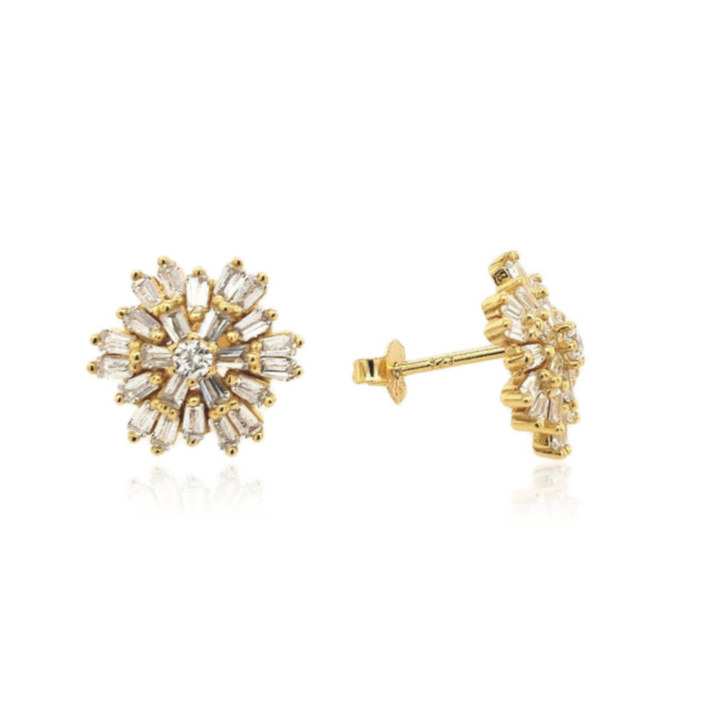 Sterling Silver Baguette Flower Stud Earrings