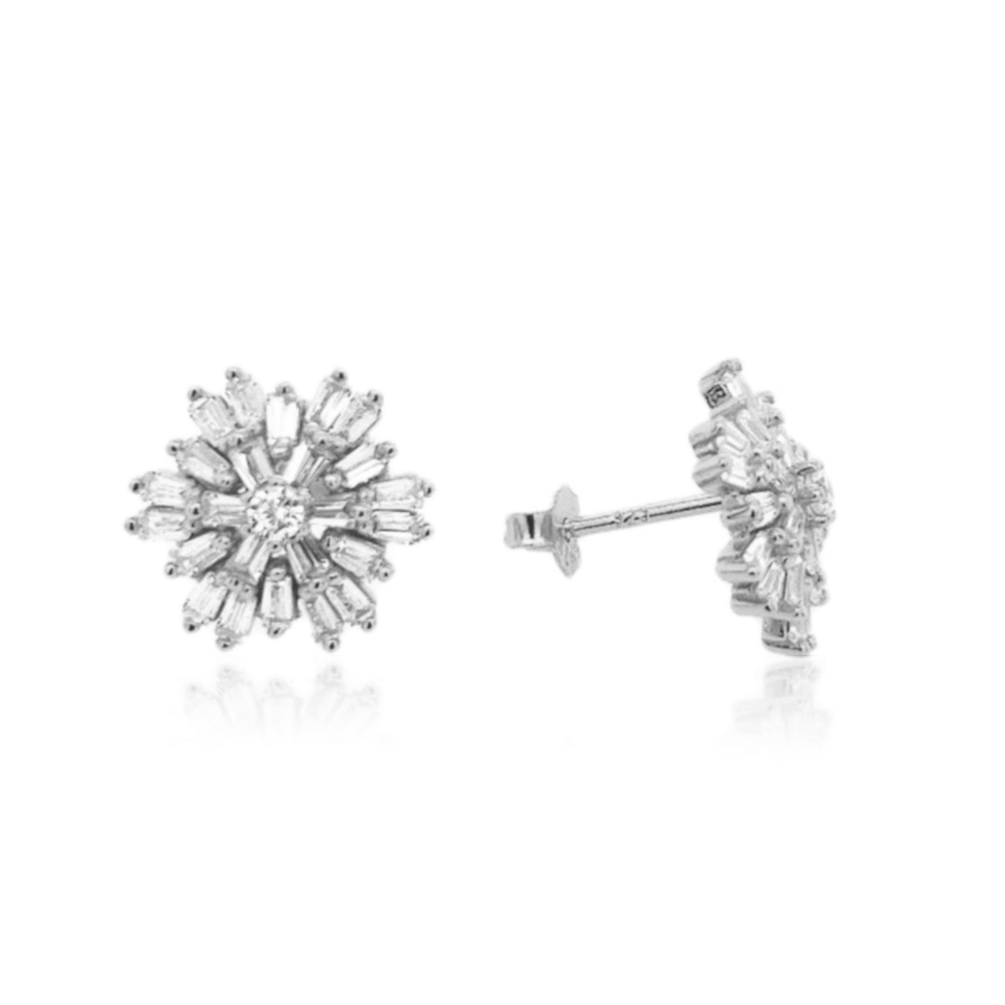 Sterling Silver Baguette Flower Stud Earrings