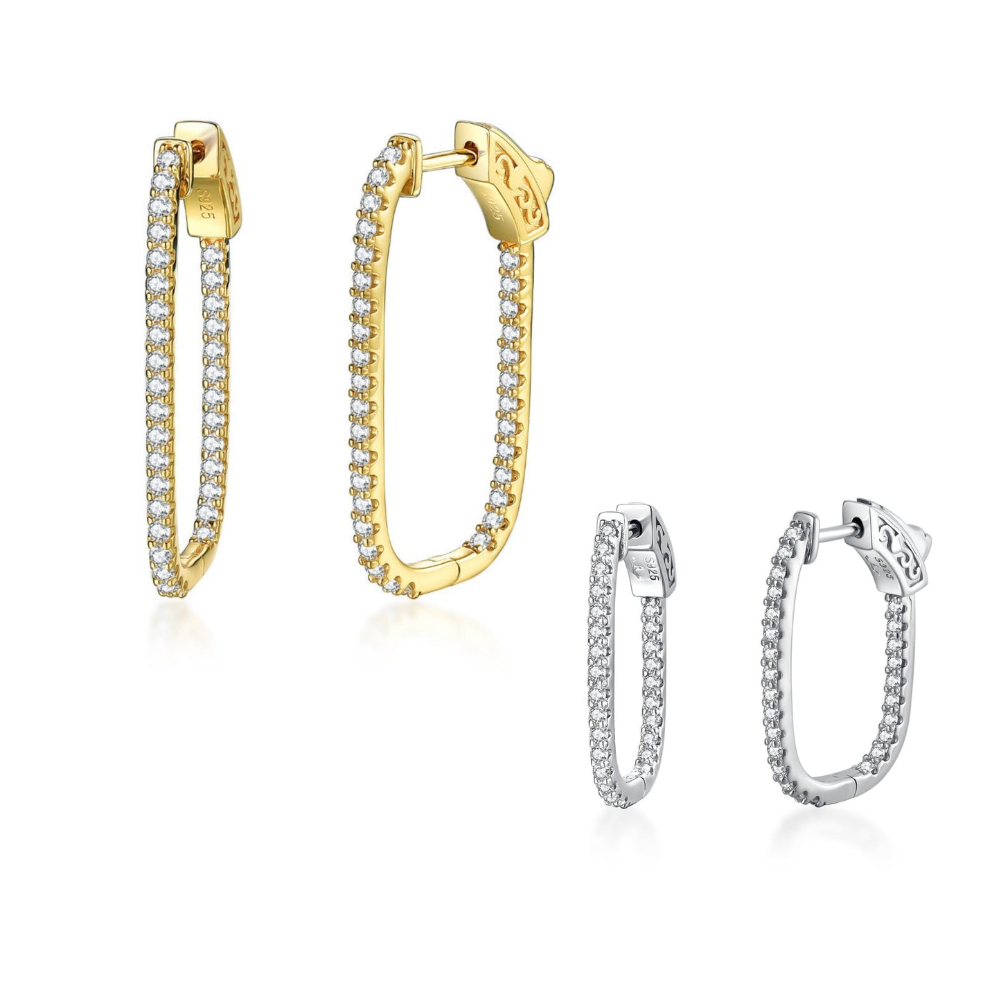 Sterling Silver Thin CZ Rectangular Hoop Earrings